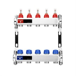 Коллектор Varmega VM151 1 х3/4 , 5вых., c вентилями, с расходомерами, сталь нерж., синий - фото 4497062